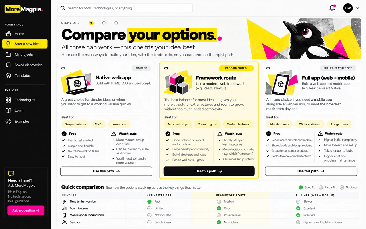 MoreMagpie design preview comparing approaches, benefits and limitations