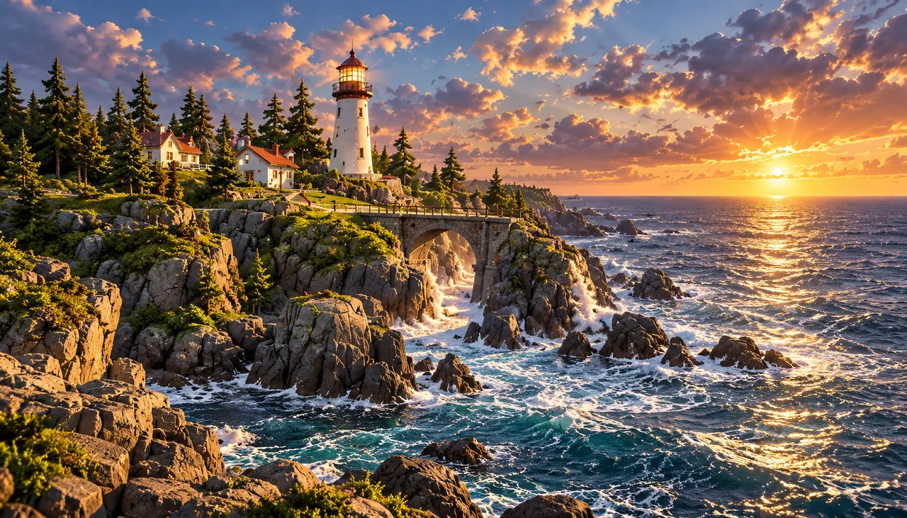 Realistic concept artwork of a lighthouse and coastal town